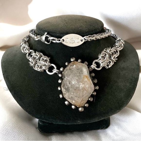 Big herkimer diamond crystal on handmade maille stainless steel chain boho goth - Picture 2 of 13